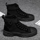 Black high-top boots on a textured gray surface