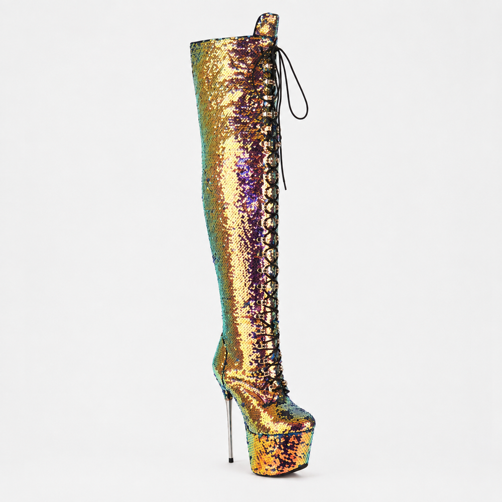 Women's Sequined Over-the-Knee Stiletto Boots – Black, Green, Silver & Gold | Sizes 32–43 