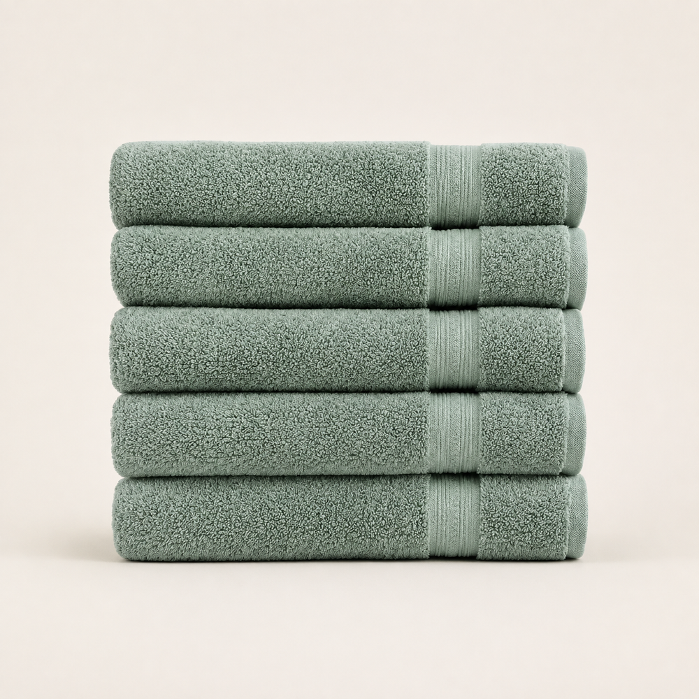 A stack of five folded bath towels in a muted sage green color, arranged vertically against a clean, light beige background.