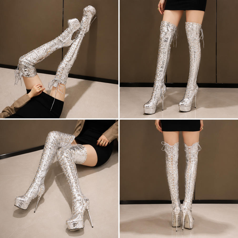 Women's Sequined Over-the-Knee Stiletto Boots – Black, Green, Silver & Gold | Sizes 32–43 