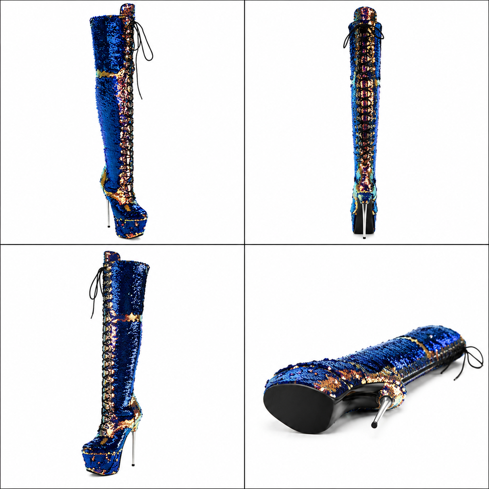 Women's Sequined Over-the-Knee Stiletto Boots – Black, Green, Silver & Gold | Sizes 32–43 