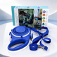 Blue retractable pet leash with a matching blue strap and metal clasp, displayed in front of its product box on a white surface.
