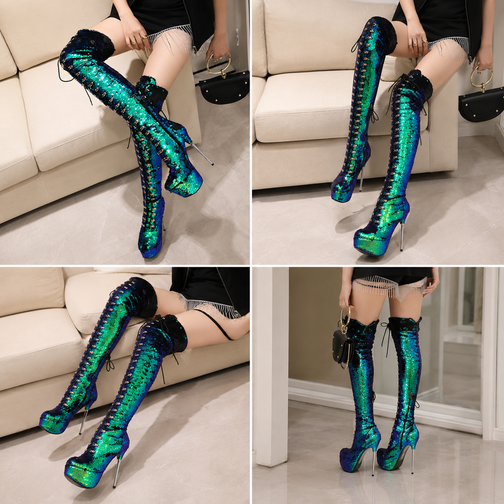 Women's Sequined Over-the-Knee Stiletto Boots – Black, Green, Silver & Gold | Sizes 32–43 