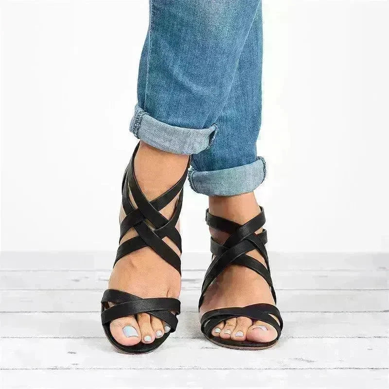 Fish Mouth Cross Strap Buckle Mid Wedge Heel Plain Women Sandals - EX-STOCK CANADA