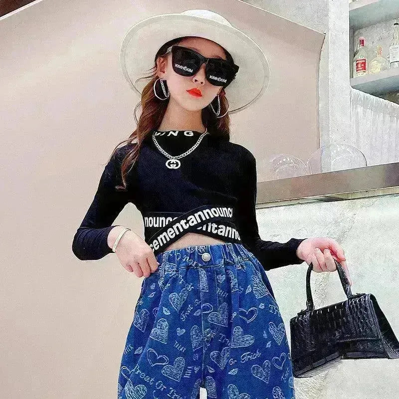 Girls' Suit Western Style Big Kids Autumn Loose Jeans Big Kids Long-sleeved Bottoming Shirt - EX-STOCK CANADA