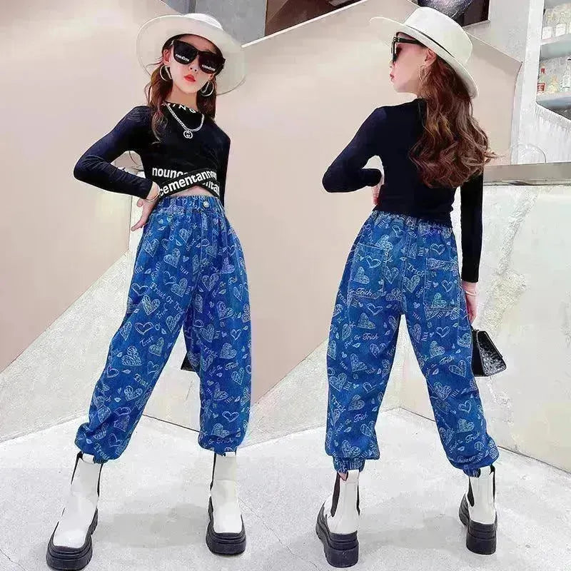 Girls' Suit Western Style Big Kids Autumn Loose Jeans Big Kids Long-sleeved Bottoming Shirt - EX-STOCK CANADA
