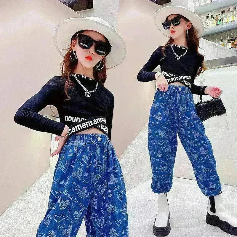 Girls' Suit Western Style Big Kids Autumn Loose Jeans Big Kids Long-sleeved Bottoming Shirt - EX-STOCK CANADA