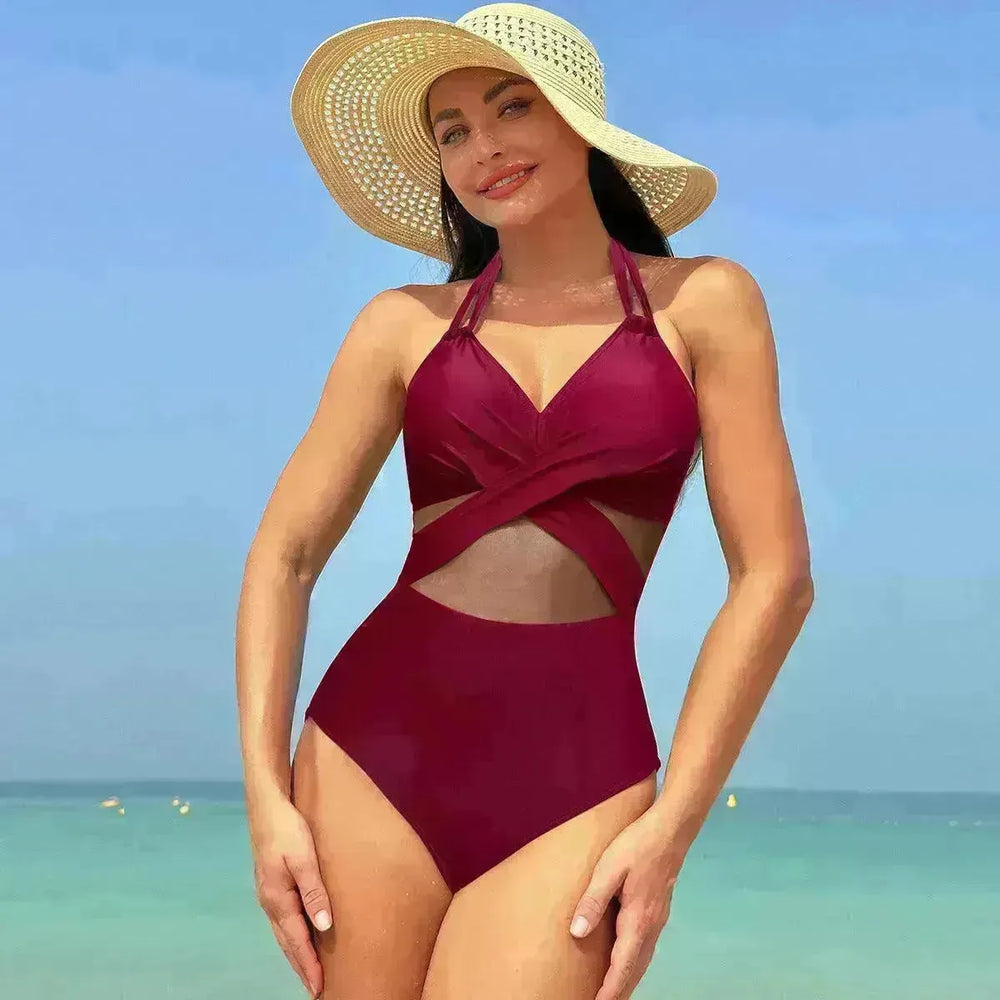 Halter-neck One-piece Swimsuit Summer Solid Color Cross-strap Design Mesh Bikini Beach Vacation Womens Clothing - EX-STOCK CANADA