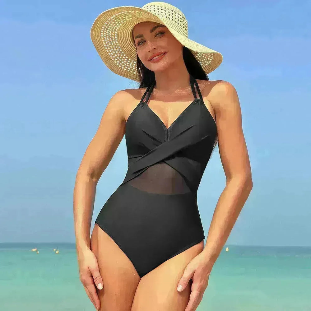 Halter-neck One-piece Swimsuit Summer Solid Color Cross-strap Design Mesh Bikini Beach Vacation Womens Clothing - EX-STOCK CANADA