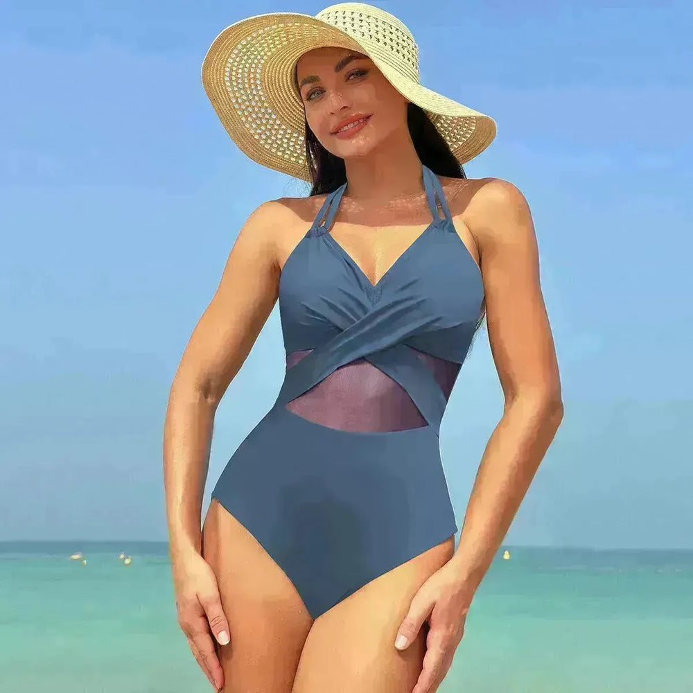 Halter-neck One-piece Swimsuit Summer Solid Color Cross-strap Design Mesh Bikini Beach Vacation Womens Clothing - EX-STOCK CANADA