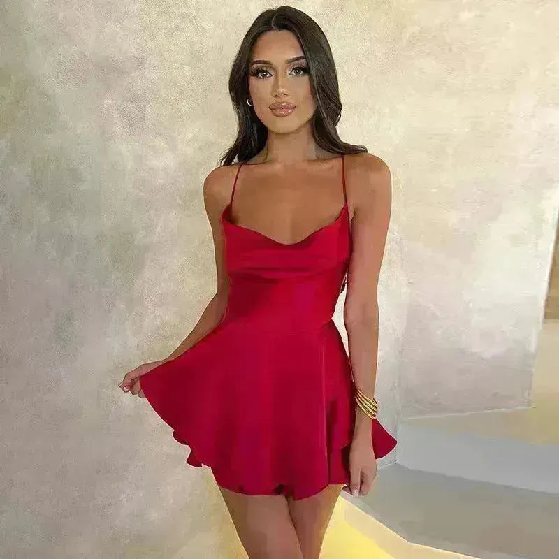 Halter Satin Summer Sexy Backless Straps Temperament Elegant Celebrity Style Short Dress - EX-STOCK CANADA
