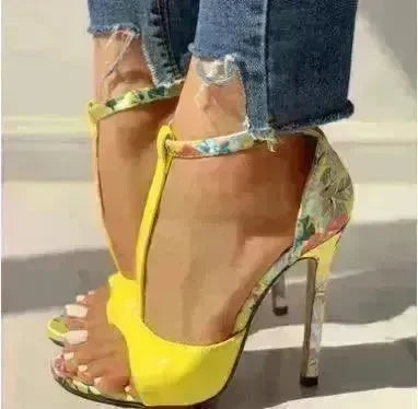 High heel buckle chunky heel floral sandals - EX-STOCK CANADA