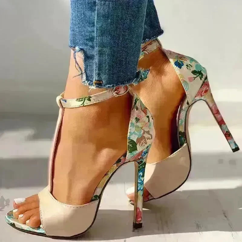 High heel buckle chunky heel floral sandals - EX-STOCK CANADA