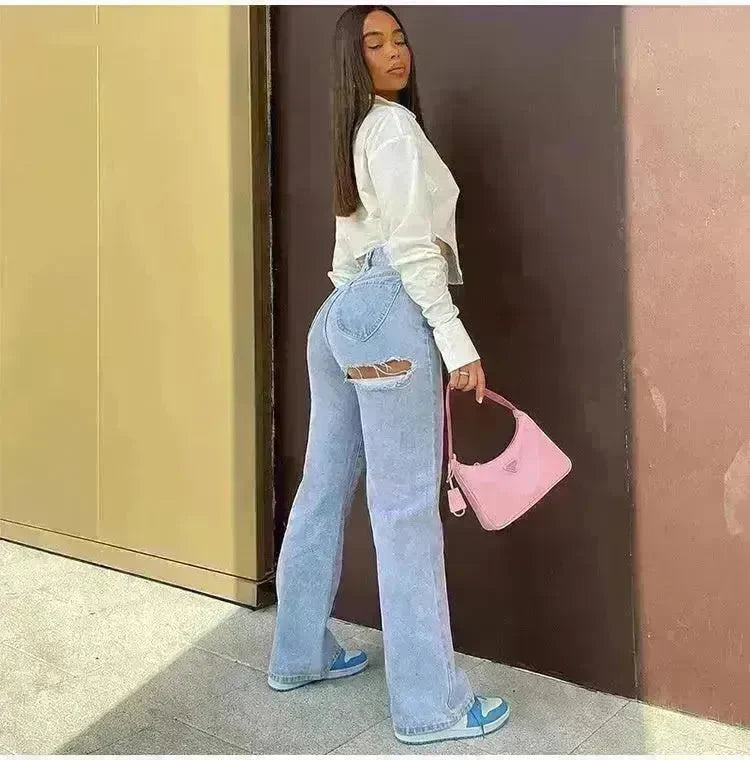 High Waist Stretch Ripped Hem Slit Denim Trousers For Women - EX-STOCK CANADA