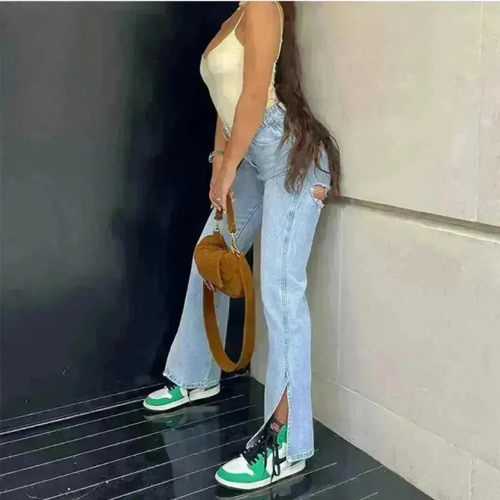 High Waist Stretch Ripped Hem Slit Denim Trousers For Women - EX-STOCK CANADA
