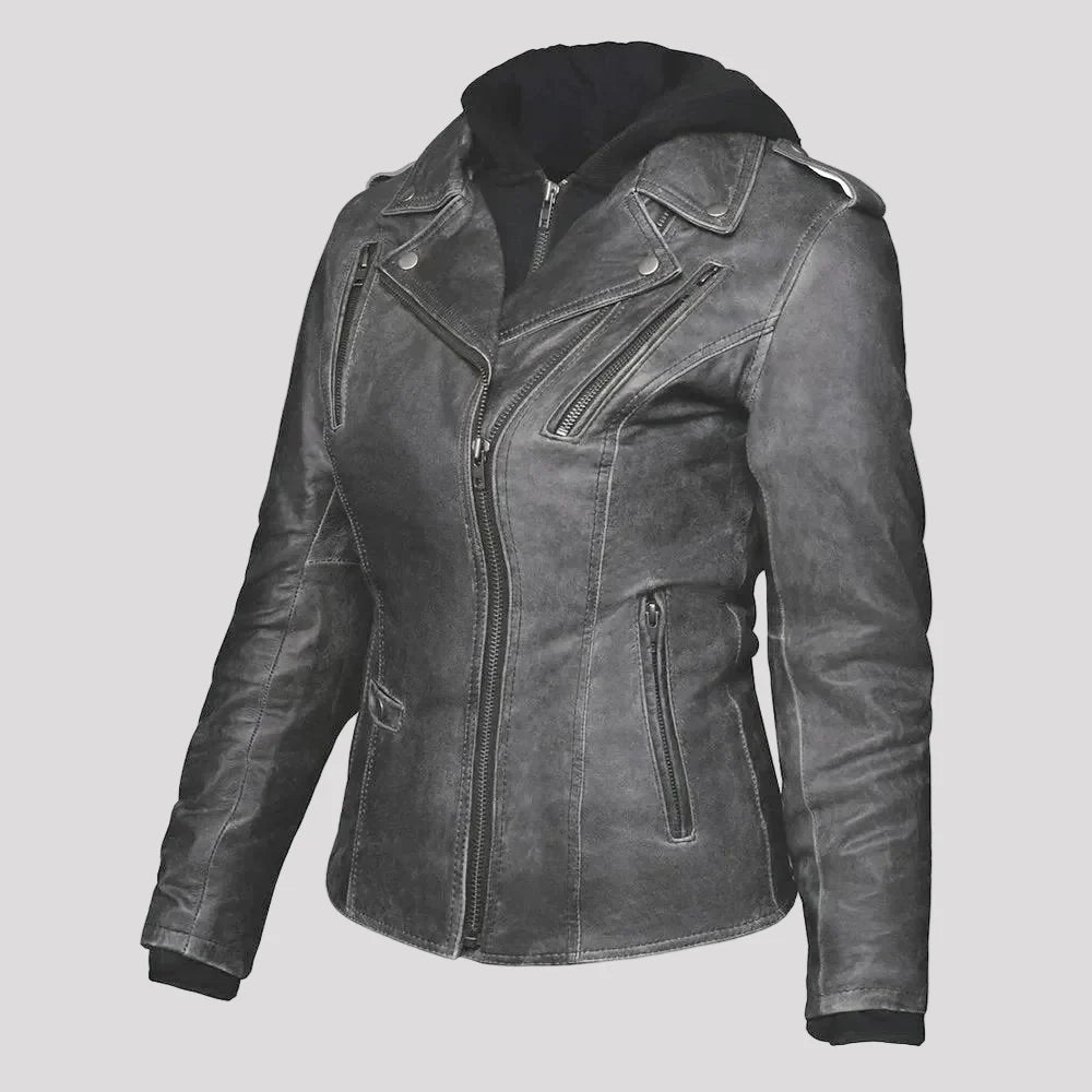 Open Road Women's Hooded Classic Leather Motorcycle Jacket 