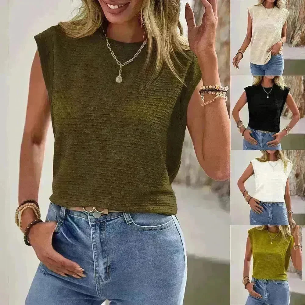 Ins Pleated Round Neck Sleeveless Vest Top For Women Summer Fashion New Casual Solid Color T-shirt For Womens Clothing - EX-STOCK CANADA
