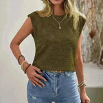 Ins Pleated Round Neck Sleeveless Vest Top For Women Summer Fashion New Casual Solid Color T-shirt For Womens Clothing - EX-STOCK CANADA