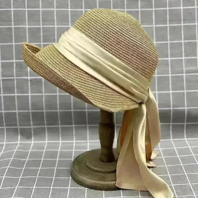 Japanese Style Curling Front Big Back Small Satin Ribbon Bucket Hat Summer Straw Hat Female Bucket Hat Sun-proof Beach Hat Tide - EX-STOCK CANADA