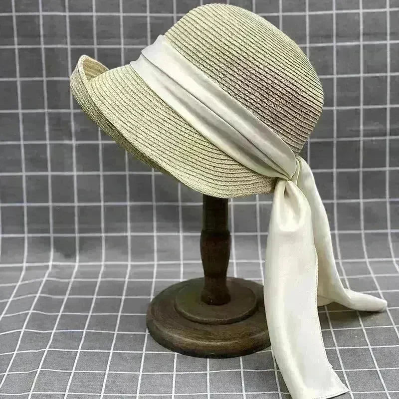 Japanese Style Curling Front Big Back Small Satin Ribbon Bucket Hat Summer Straw Hat Female Bucket Hat Sun-proof Beach Hat Tide - EX-STOCK CANADA