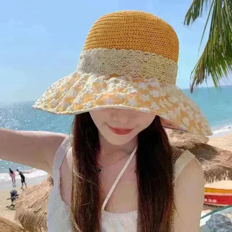Lace Bow Straw Fisherman Hat Summer Outdoor Sunhat With Large Brim Anti-UV Sunshade And Face Protection Hat - EX-STOCK CANADA