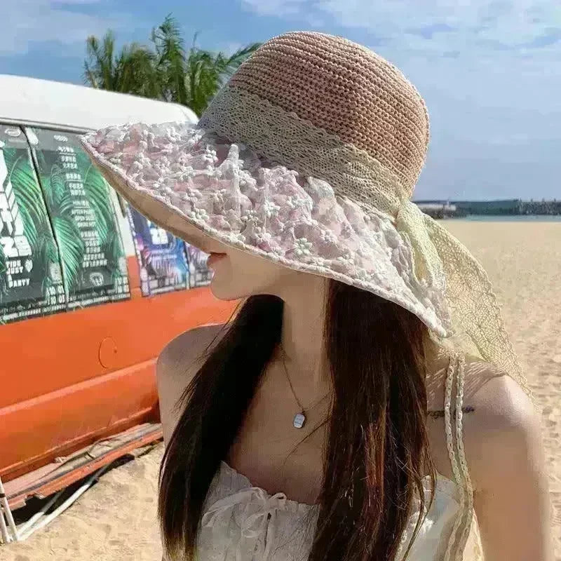 Lace Bow Straw Fisherman Hat Summer Outdoor Sunhat With Large Brim Anti-UV Sunshade And Face Protection Hat - EX-STOCK CANADA