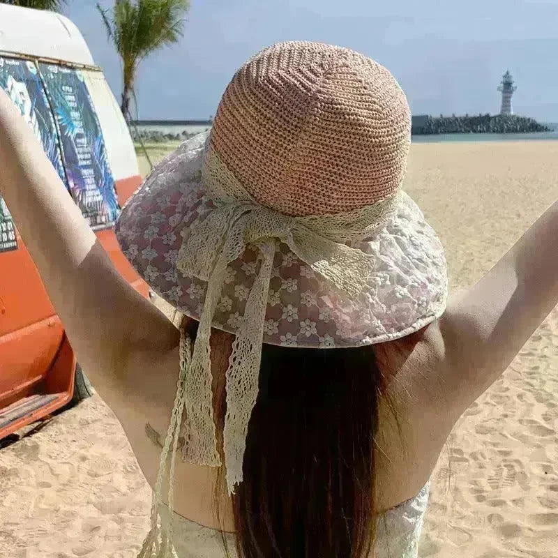 Lace Bow Straw Fisherman Hat Summer Outdoor Sunhat With Large Brim Anti-UV Sunshade And Face Protection Hat - EX-STOCK CANADA