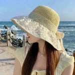Lace Bow Straw Fisherman Hat Summer Outdoor Sunhat With Large Brim Anti-UV Sunshade And Face Protection Hat - EX-STOCK CANADA