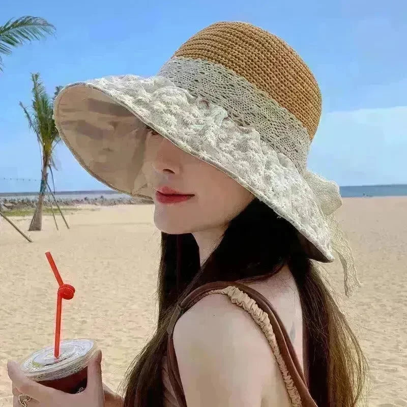 Lace Bow Straw Fisherman Hat Summer Outdoor Sunhat With Large Brim Anti-UV Sunshade And Face Protection Hat - EX-STOCK CANADA