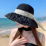 Lace Bow Straw Fisherman Hat Summer Outdoor Sunhat With Large Brim Anti-UV Sunshade And Face Protection Hat - EX-STOCK CANADA