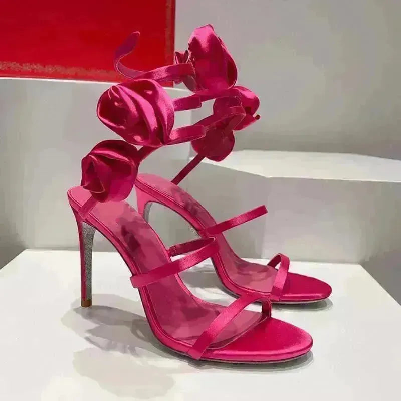 Lace-up Stiletto Heel Round Toe Flower Decorative Women's Sandals - EX-STOCK CANADA