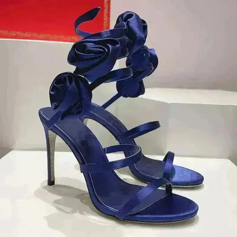 Lace-up Stiletto Heel Round Toe Flower Decorative Women's Sandals - EX-STOCK CANADA