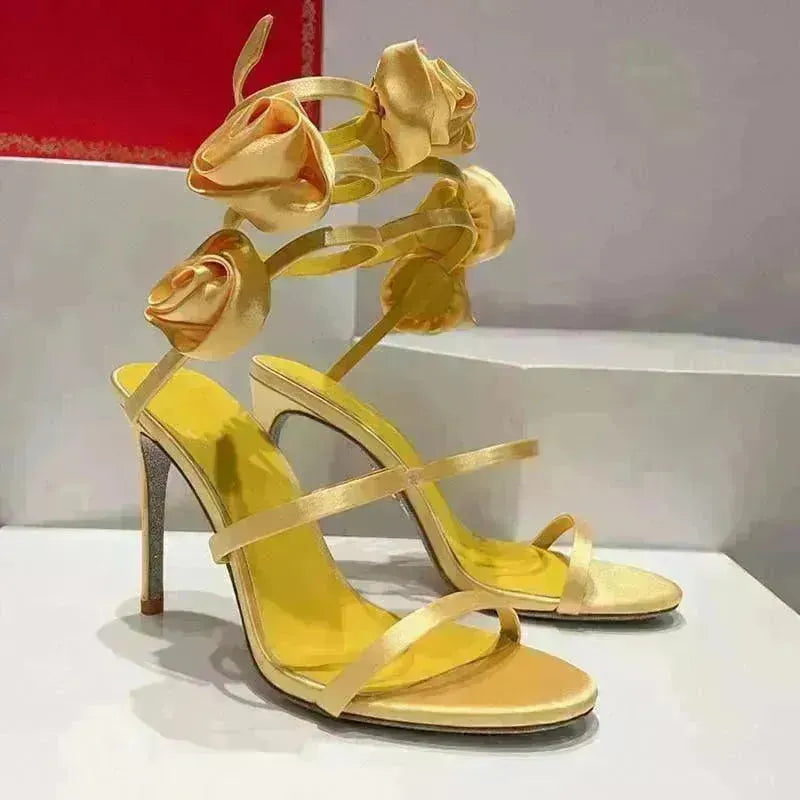Lace-up Stiletto Heel Round Toe Flower Decorative Women's Sandals - EX-STOCK CANADA