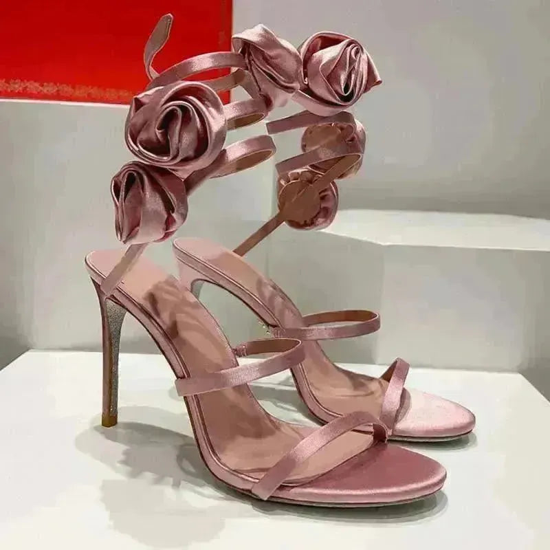 Lace-up Stiletto Heel Round Toe Flower Decorative Women's Sandals - EX-STOCK CANADA
