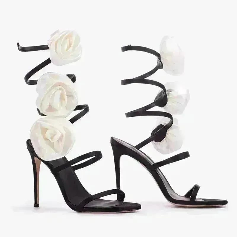 Lace-up Stiletto Heel Round Toe Flower Decorative Women's Sandals - EX-STOCK CANADA