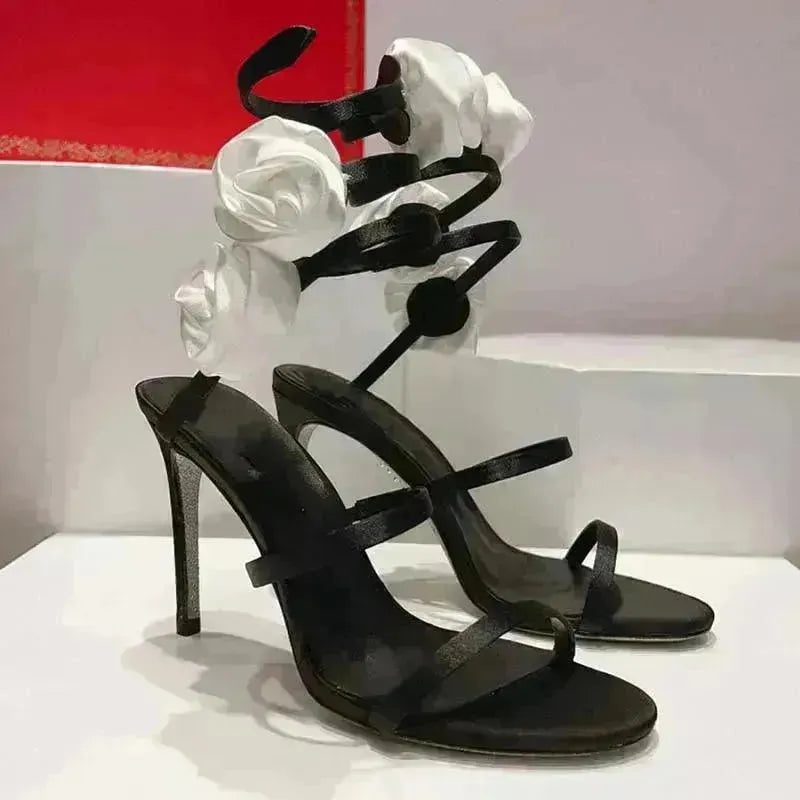 Lace-up Stiletto Heel Round Toe Flower Decorative Women's Sandals - EX-STOCK CANADA