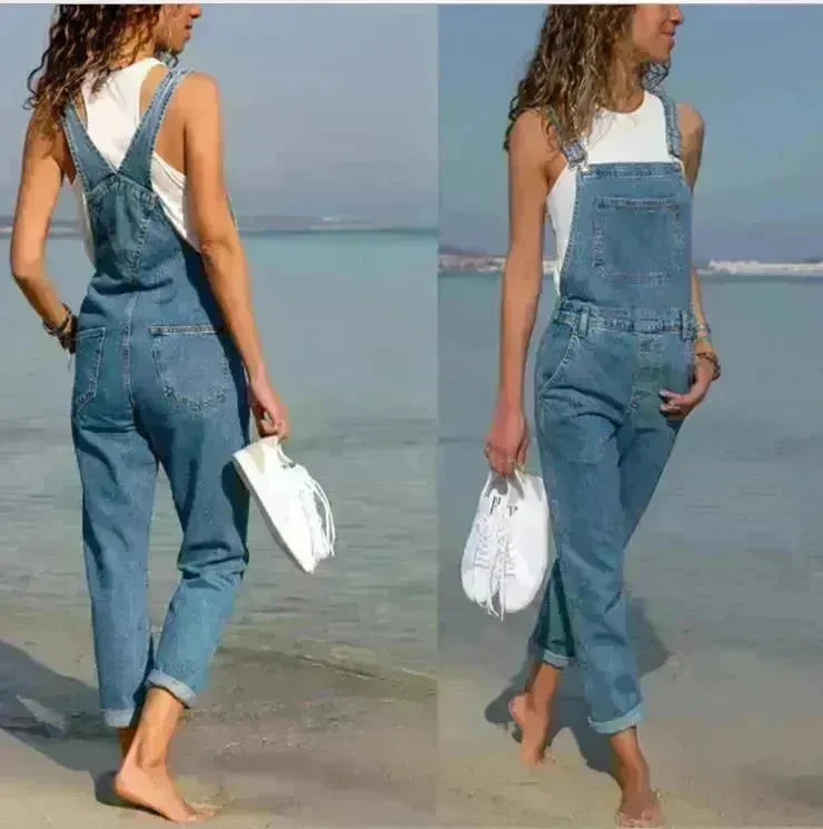 Ladies' Long Blue Denim Jeans Romper Jumpsuit With Straps - EX-STOCK CANADA