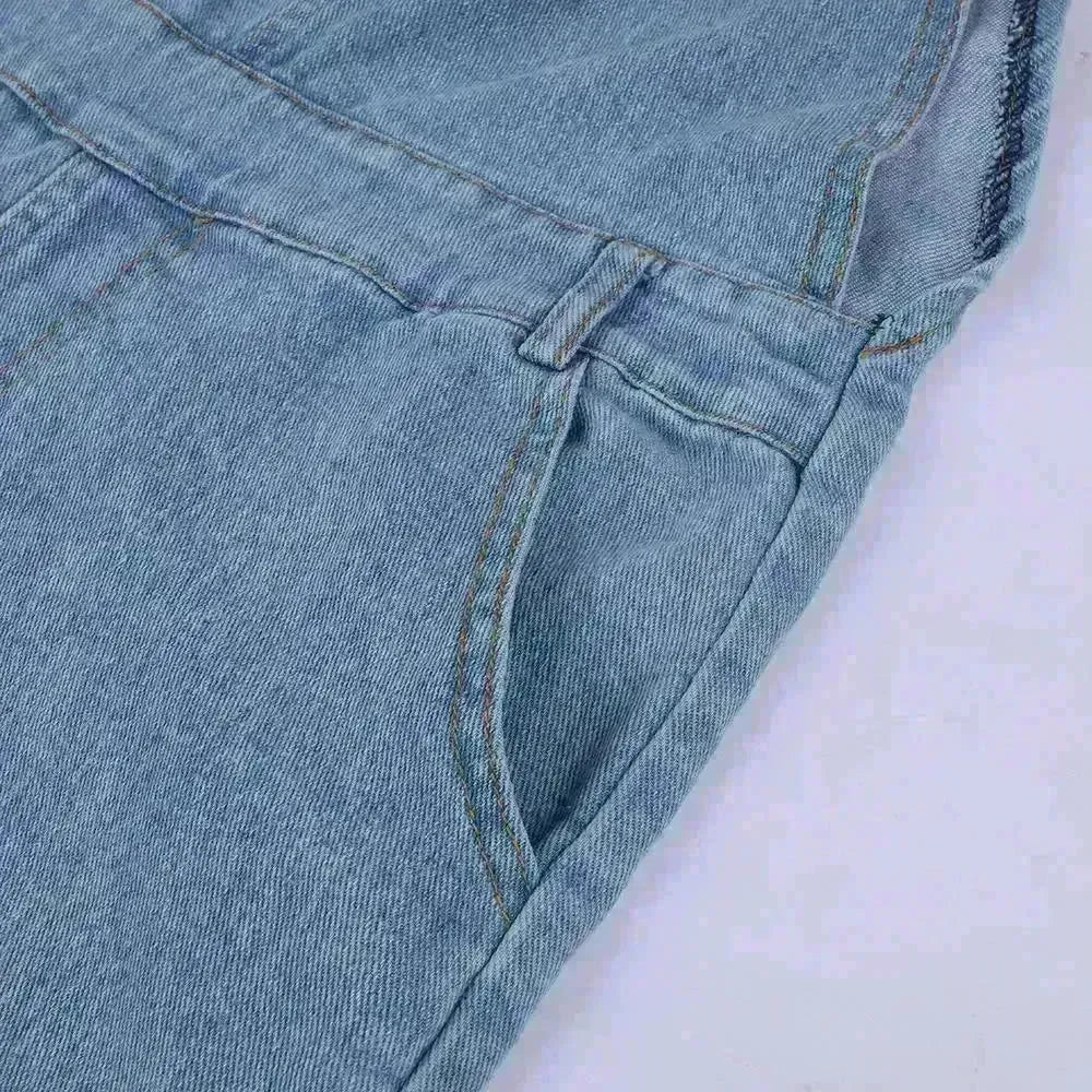 Ladies' Long Blue Denim Jeans Romper Jumpsuit With Straps - EX-STOCK CANADA