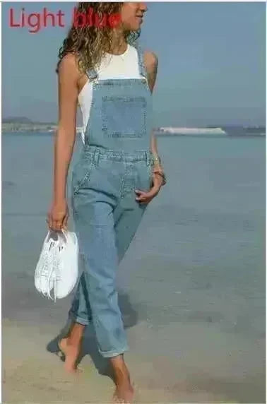 Ladies' Long Blue Denim Jeans Romper Jumpsuit With Straps - EX-STOCK CANADA