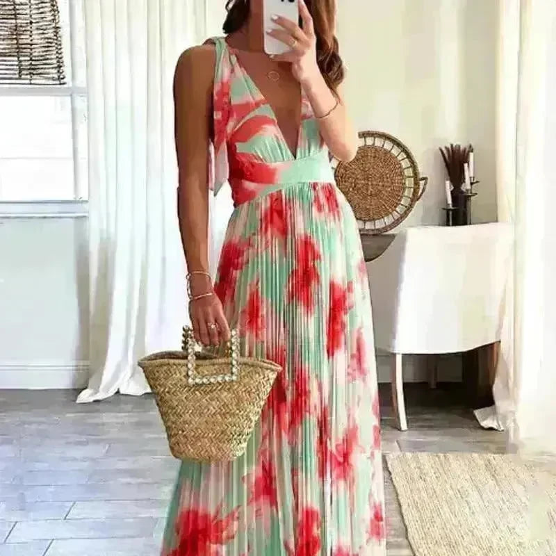 Lady Sexy Backless Print Pleated Dress - EX-STOCK CANADA