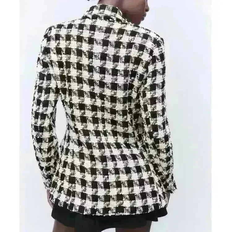 Lapel Long Sleeve Double Breasted Houndstooth Coat Top For Women - EX-STOCK CANADA