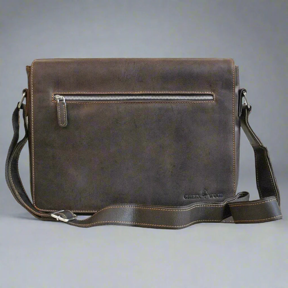 Greenwood Leather Laptop Bag. Premium Waxed Pull-Up Leather Messenger Bag 