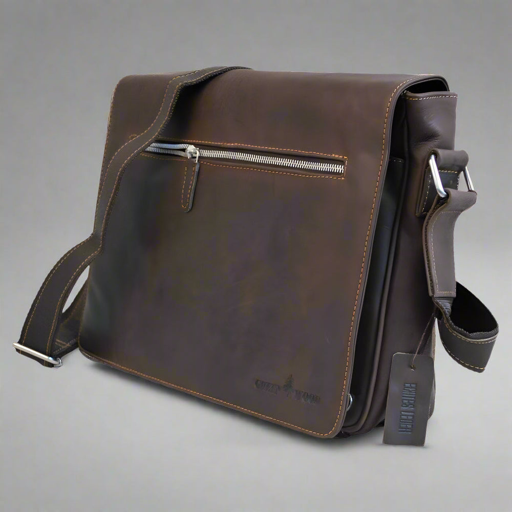 Greenwood Leather Laptop Bag. Premium Waxed Pull-Up Leather Messenger Bag 