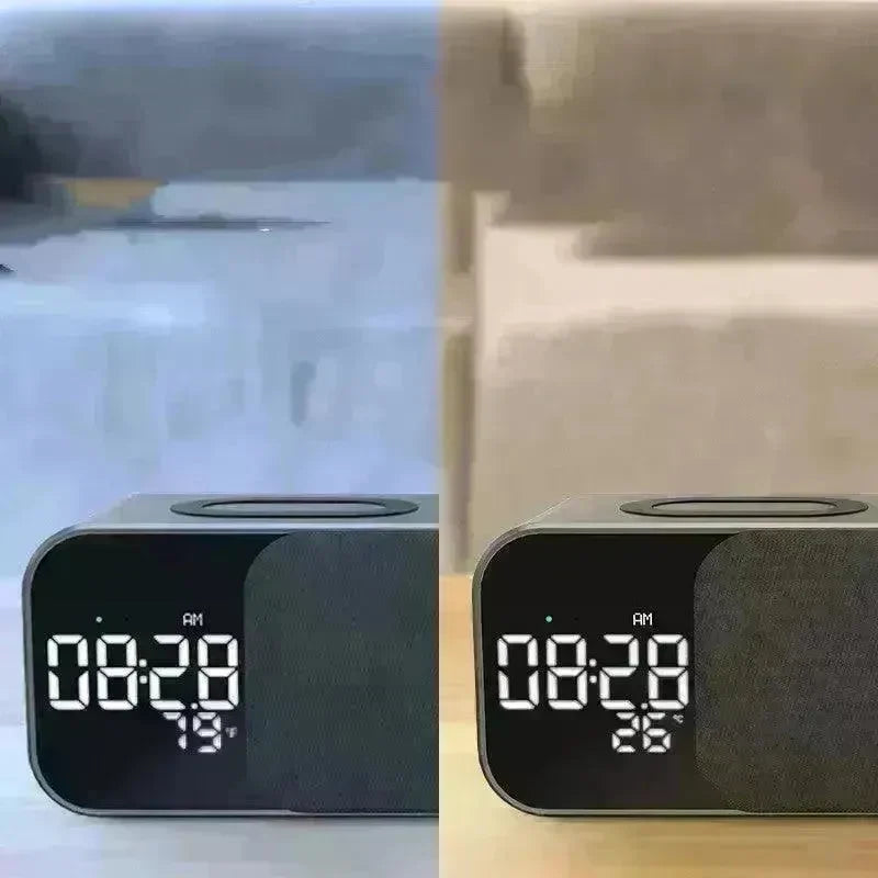 Led Wireless Charging Alarm Clock Fm Radio Bluetooth Speaker With Microphone Temperature Indicator Digital Display Speakers - EX-STOCK CANADA