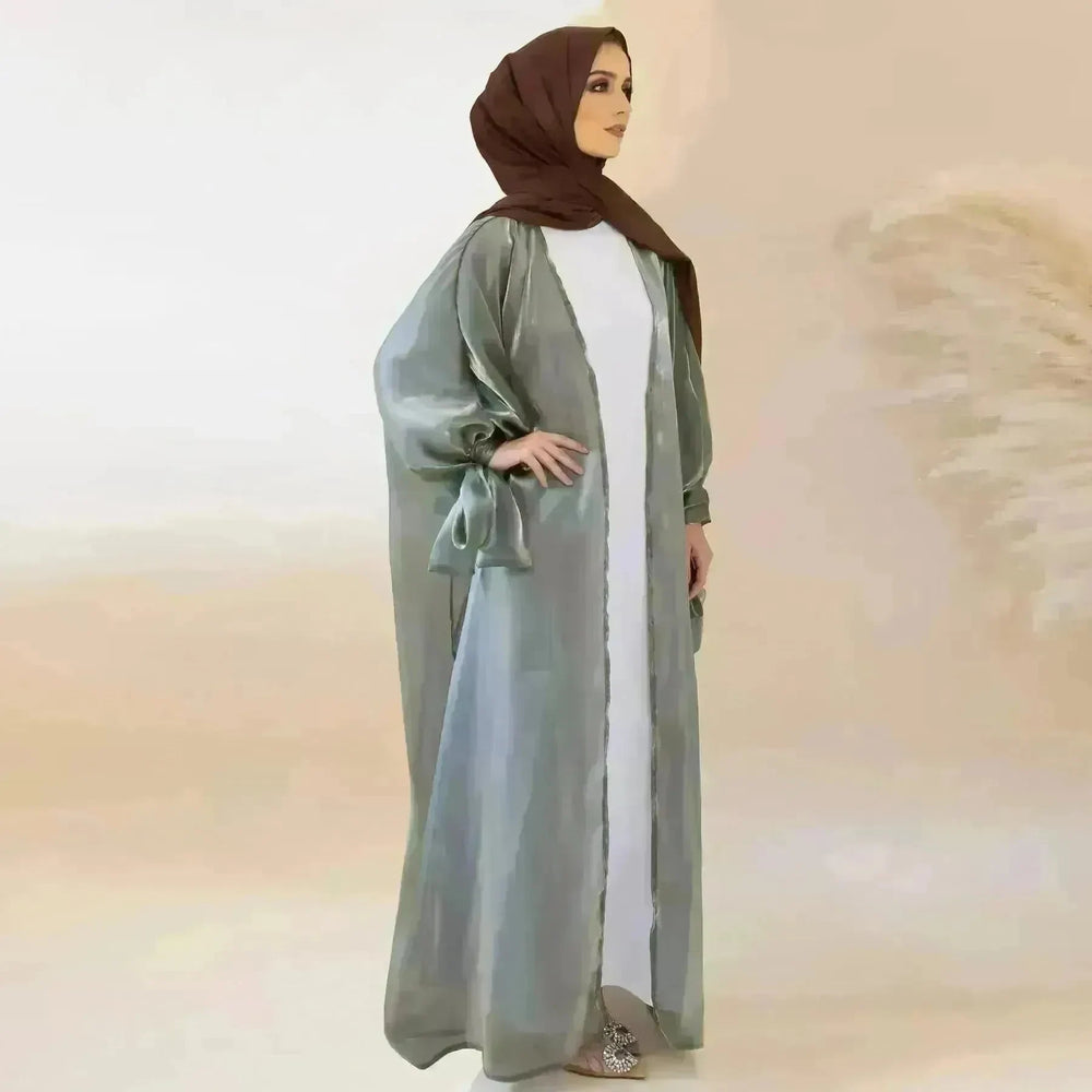 Lily Satin Cardigan Lace-up Bow Robe Abaya Dress for Arab Dubai Turkey Middle East Women - EX-STOCK CANADA
