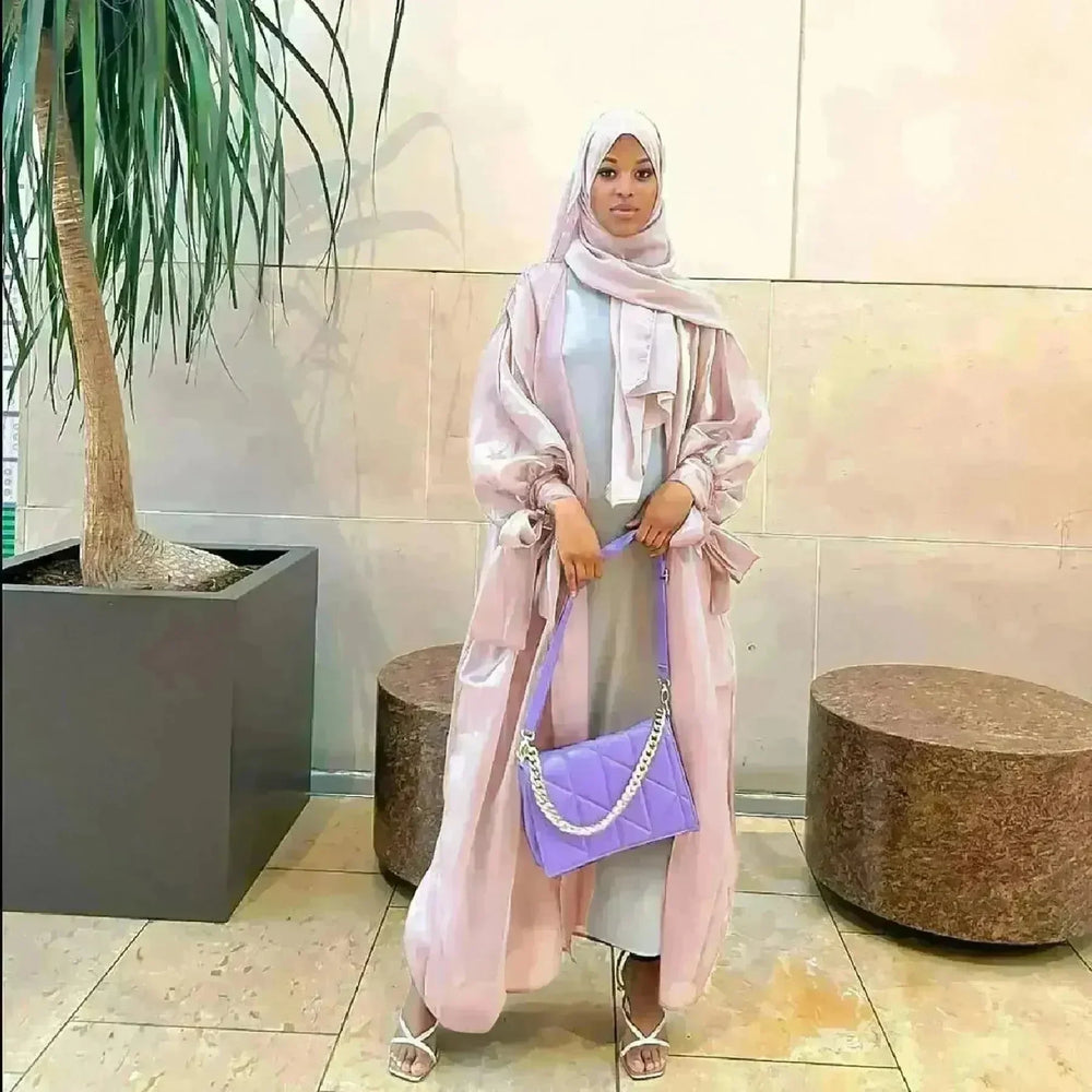 Lily Satin Cardigan Lace-up Bow Robe Abaya Dress for Arab Dubai Turkey Middle East Women - EX-STOCK CANADA