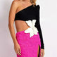 Long Sleeve Rose Red Color Matching Beaded Flower One-shoulder Dress - EX-STOCK CANADA