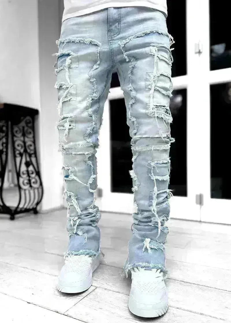 Men Trousers Individual Patched Pants Long Tight Fit Stacked Jeans For Mens Clothing - EX-STOCK CANADA