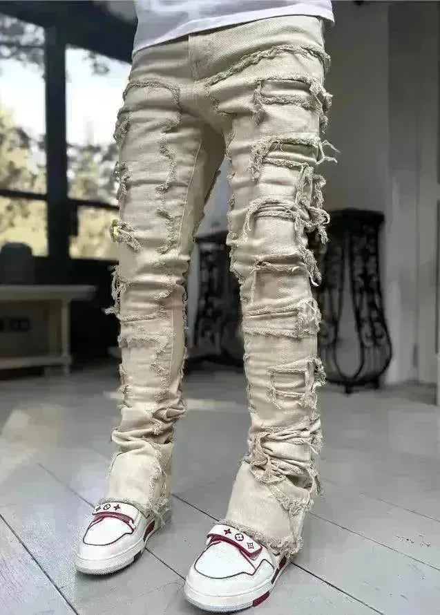 Men Trousers Individual Patched Pants Long Tight Fit Stacked Jeans For Mens Clothing - EX-STOCK CANADA