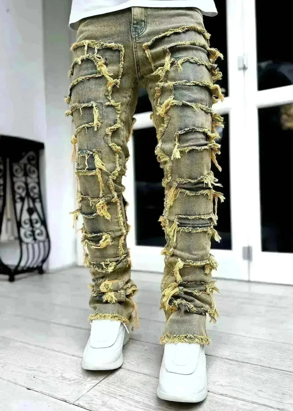 Men Trousers Individual Patched Pants Long Tight Fit Stacked Jeans For Mens Clothing - EX-STOCK CANADA